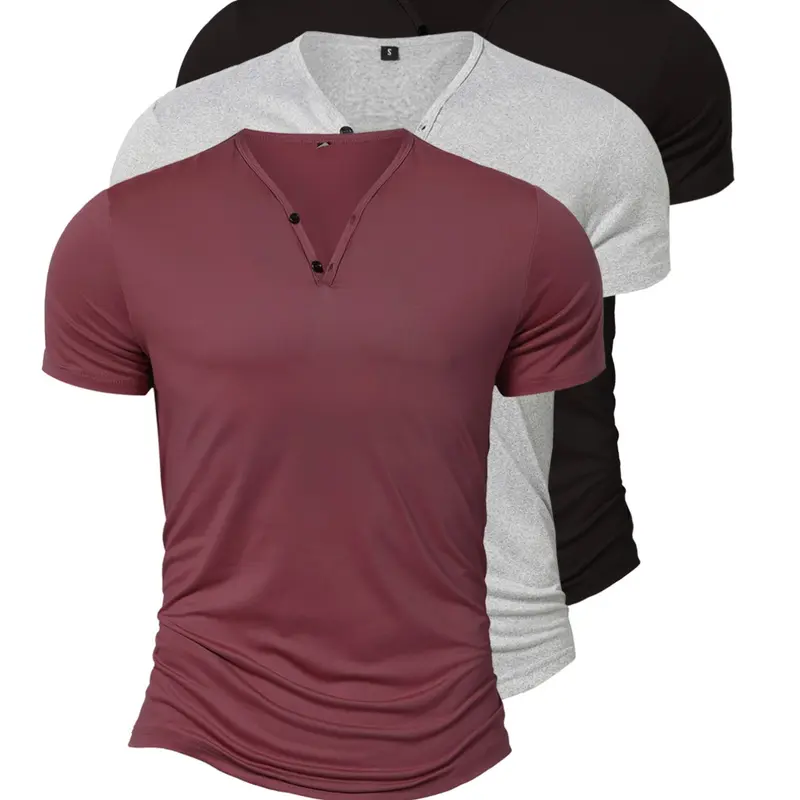 【Black Friday】3-Pack Men's Lightweight Breathable Short Sleeve Henley T-Shirts, Slim-Fit Solid Color Button Front Tops, Ideal for Running & Outdoor Activities, Workout Tops