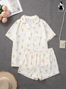 Women's Plus Size Pajama Set, Short Sleeve Top and Shorts, Small Ditsy Floral Print, Polyester Fabric, Loose Fit, Comfortable Home Wear, Sleepwear Loungewear Set, Casual Pajama Sets, Lady, Pjs, Womenswear, Floral Pajama Sets