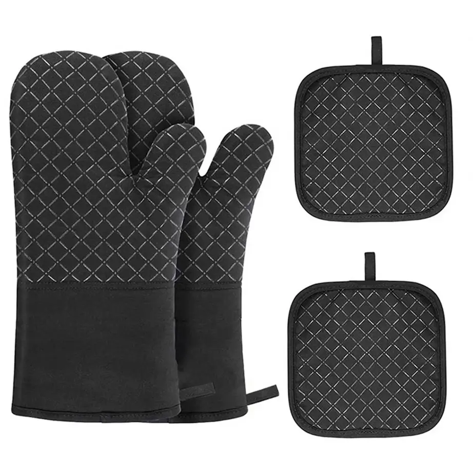 4-Piece Heat Resistant Kitchen Oven Mitts and Pot Holders Set - Lightweight, Non-Slip Silicone, Extra Long Flexible Thick Mitts for Cooking, Baking - Black Hanging Bakeware