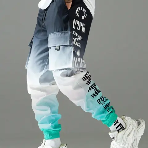Men’s Loose Fit Athleisure Jogger Pants - Breathable, Elastic Waistband, Gradient, Color Block, Bold Letter Print, Graphic, Large Flap Cargo Thigh Pockets, Street Casual, Edgy Streetwear, Festival Outfits