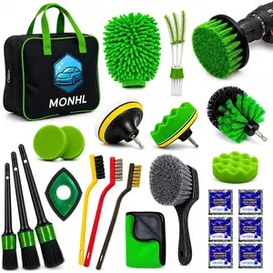 26 pcs Car Detailing Kit with Drill Brush Attachments - Auto Detailing Brush Set, Wash Mitt, Microfiber Towel, Wire Brushes, Pet Hair Remover & Storage Box for Interior & Exterior