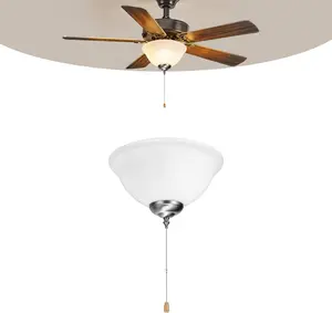 Ceiling Fan Light Kit, 750lm 3000K Bowl Shaped Fan Light Kit with Pull Chain, 2 LED Bulbs, Replacement Fixture for Living Room, ing Room, Bedroom, Indoor, White Glass Shade Brushed Nickel