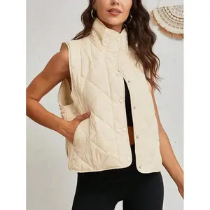 Sleeveless Stand Collar Lightweight Jacket Women's Quilted Down Vest with Pockets and Buttons Solid Color Winter Puffer