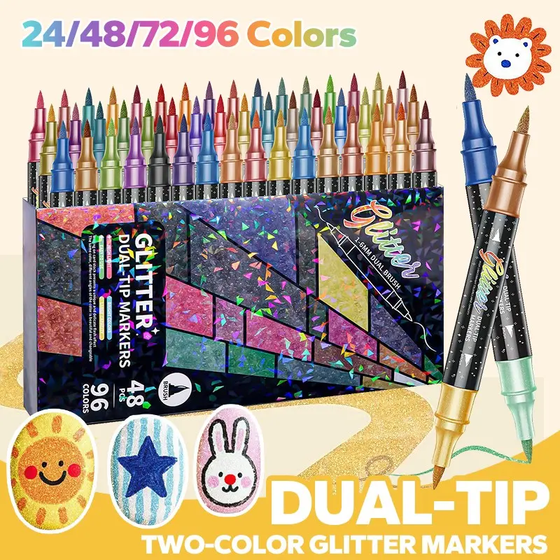 24/48/72/96 Colors Glitter Effect Brush Markers, Dual Tip Dual Color 1-5mm Soft Brush Shimmer Marker, Doodle Writing, Glitter Art Crafts, Creative Art Supplies, Coloring Supplies, Art Materials