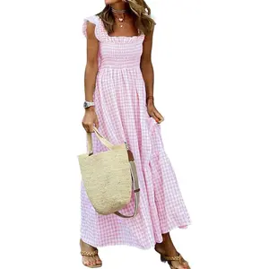Chouyatou Women's Retro Plaid Smocked Dress Spaghetti Strap Flounce Long Casual Sleeveless Flowy Evening Fashion Basic with Pockets Womenswear Cute Elegant Sky