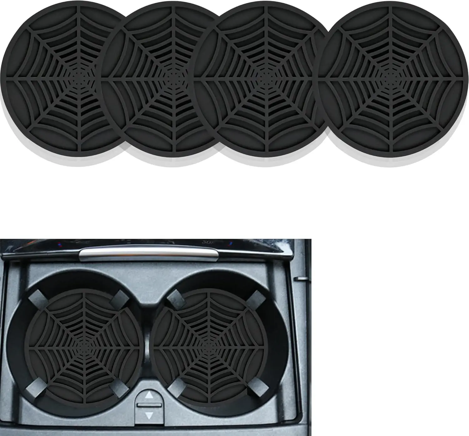 4PCS Silicone Car Coasters,Unique Spider Web Non-Slip Car Cup Holder Coaster Car Interior Accessories,Universal 2.75 Inch Car Drink Coaster for Women Men (Black)