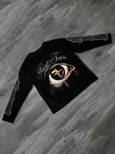 Men's Slim-Fit Long Sleeve Knit T-Shirt, Artistic Eye Diamond Jesus Print, Casual Street Style, Streetwear, All-Season Wear, Unisex Fashion Tee, Tops, Knitwear