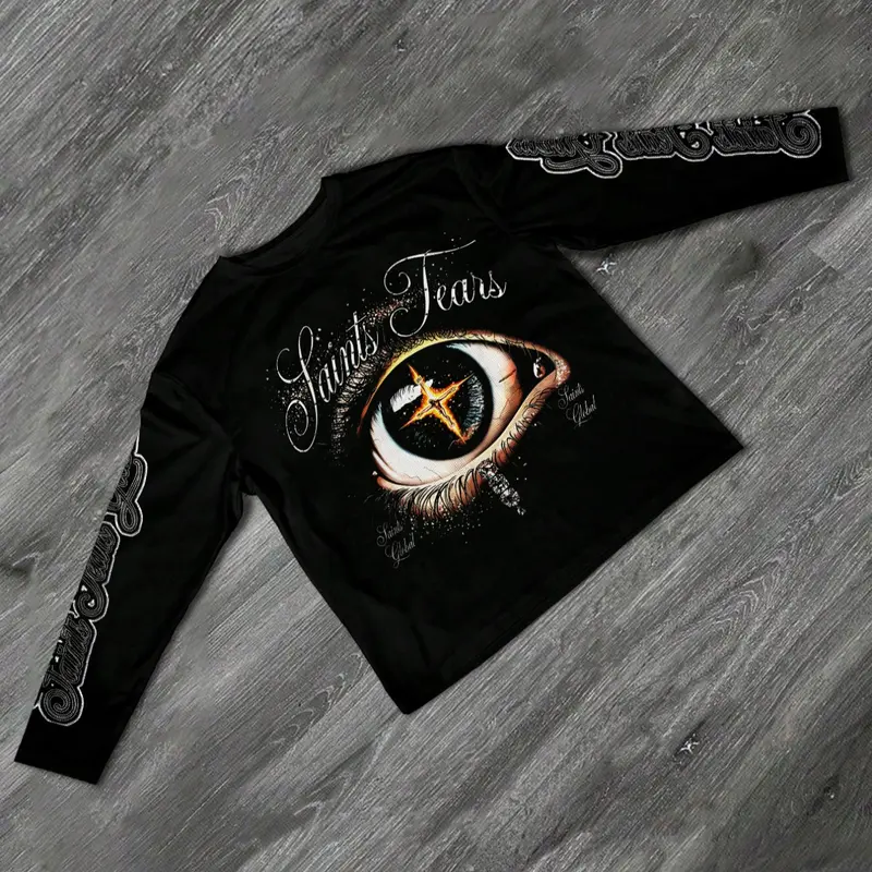 Men's Slim-Fit Long Sleeve Knit T-Shirt, Artistic Eye Diamond Jesus Print, Casual Street Style, Streetwear, All-Season Wear, Unisex Fashion Tee, Tops, Knitwear, Knit Clothes