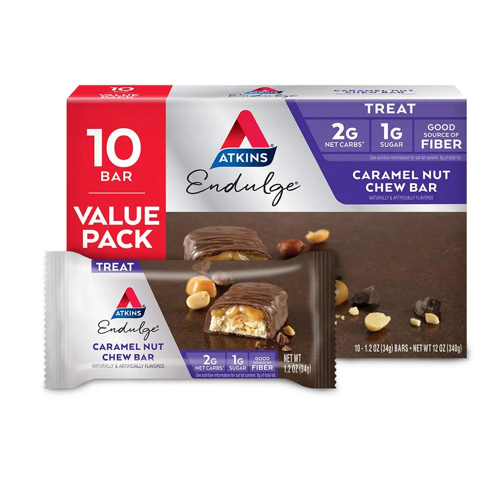 Caramel Nut Chew Bar, Low Sugar Snack, Dessert Bar, High Fiber Bar 1g Sugar, 10 Count