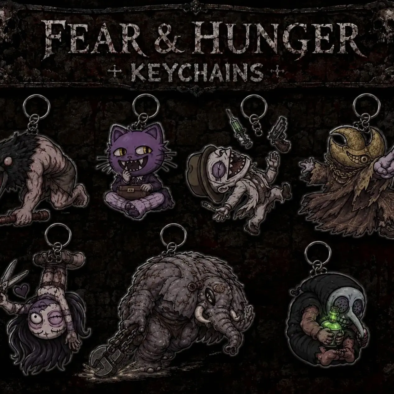 Fear and Hunger Acrylic Keychain | Pocketcat Crow Mauler Needles Per'kele Stitches Chaugnar Poe | Horror Game Keychain