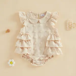 Infant Baby Girl Romper Summer Flying Sleeve Doll Collar Cute Dot Embroidery Ruffle Trim Decor Jumpsuit