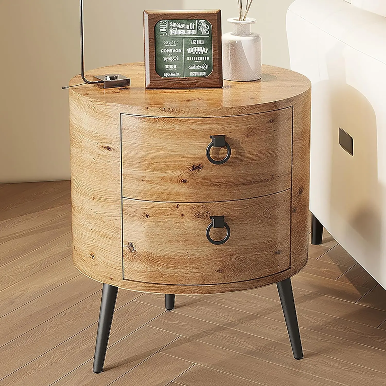 Garvee Round Side Table with Drawers Modern Night Stand with Storage Wooden Accent End Table Circle Bedside Table with Metal Legs for Living Room Bedroom (Natural)