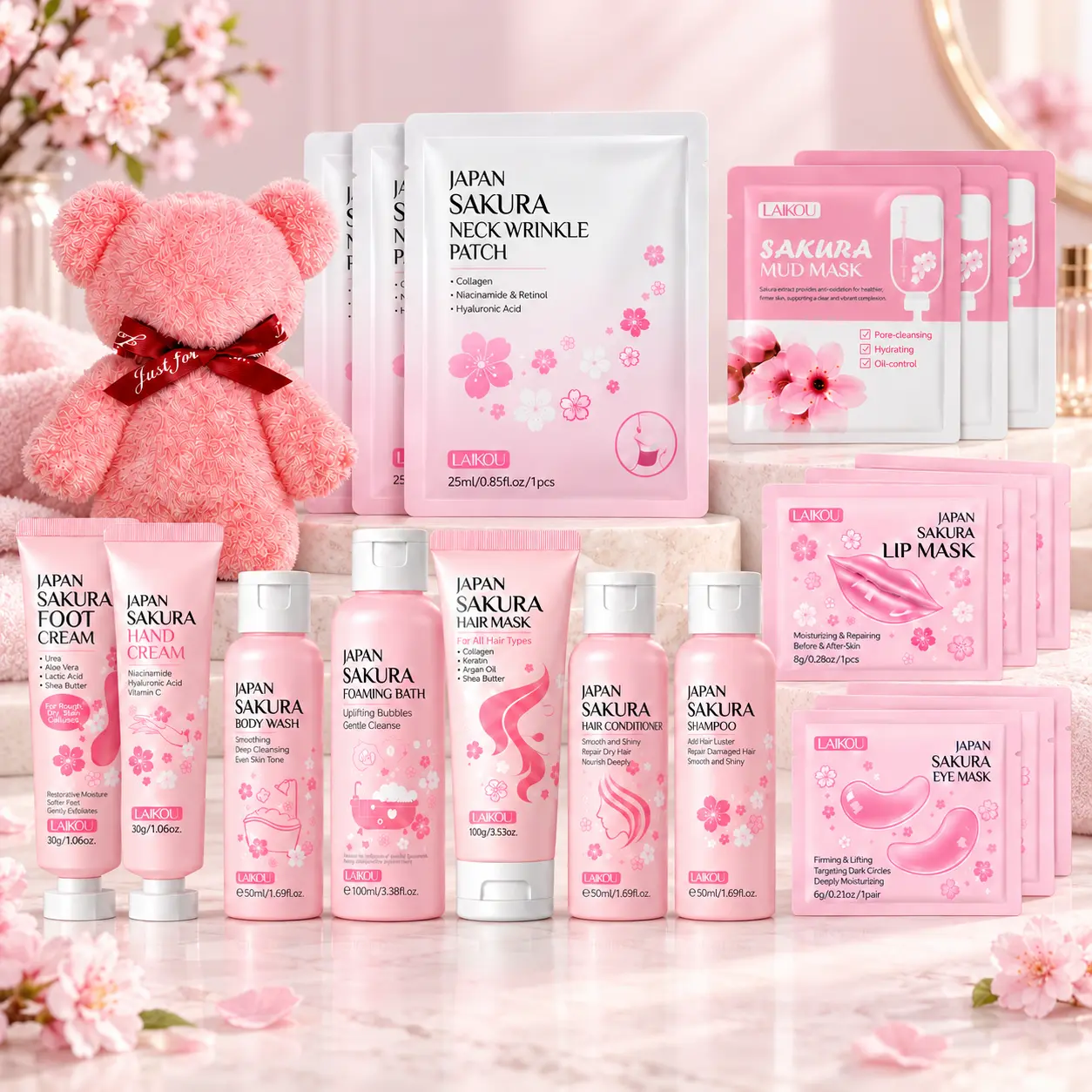 20-Piece Cherry Blossom Travel Care Kit for Women & Teen Girls, Mini Sakura Skin, Hair & Body Care Set with Shampoo, Conditioner, Hand Cream, Body Wash, Hair Mask, Eye, Lip & Face Masks, Gift Set