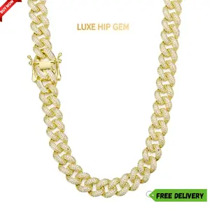 LUXE HIP GEM 12mm Miami Cuban Link Chain Fully Iced Out |   Hip Hop Bling Necklace |   Rapper Drip Jewelry for Men |   14K Gold Finish Rapper Jewelry