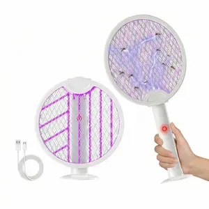 Portable Foldable Electric Fly Swatter Racket - 2 in 1 Smart Bug Zapper with USB Rechargeable Base Motor for Efficient Operation 3-layer Mesh USB Cable for Indoor and Outdoor Use Household Items Appliances Mosquito Trap Mosquito Repellent