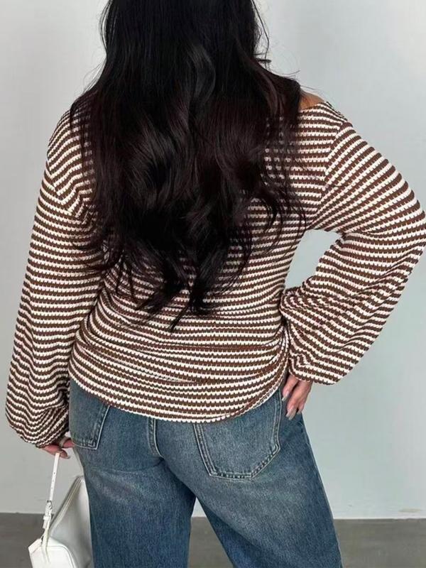 【Plus Size】1 Piece Women's Beige & White Striped Cold Shoulder Long Sleeve Crop Top, Y2K Aesthetic Street Style, Waffle Knit Fabric & Slim Fit, Ruffled Cuff Detail, For Fashion-Forward Women, Perfect for Streetwear, Casual Outings & TikTok Trendy Looks