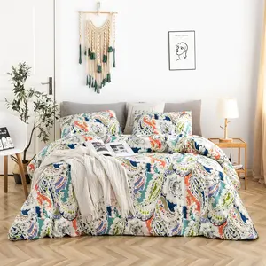 Orange Blue Boho Duvet Cover    3 count Set 1 Bohemian Paisley Duvet Cover with Zipper Ties 2 Pillowcases  Colorful Paisley Floral Bedding Set Soft