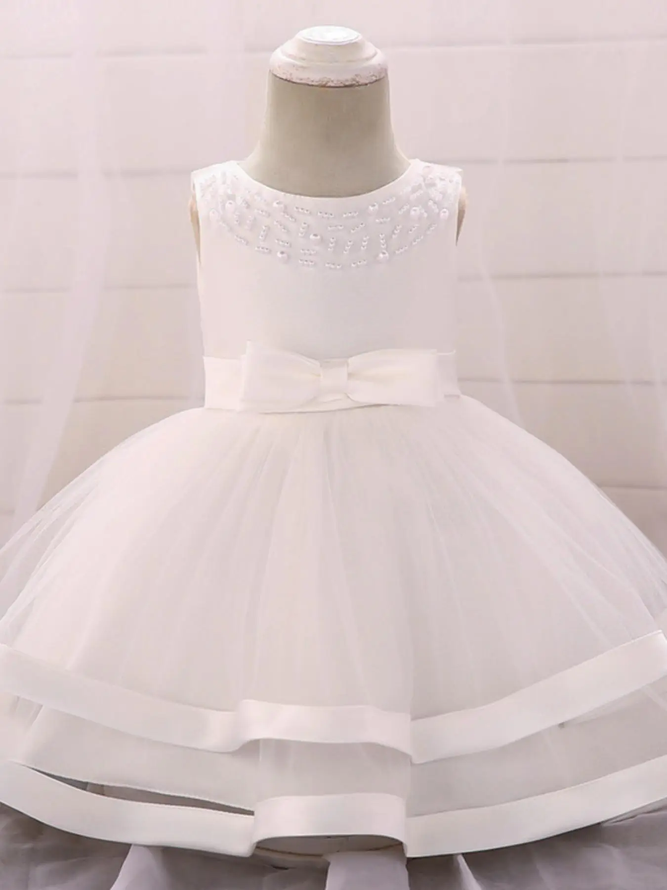 Toddler Girl's Beads ＆ Bow Decor Tulle Dress, Elegant Sleeveless Round Neck A Line Dress for Party Wedding Guest, Kids Clothes for All Seasons, Girl C