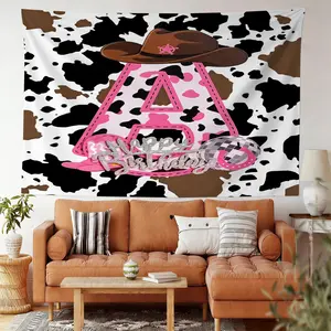 [Digitally Printed Tapestry] 26 Letter Western Cow Print Birthday Tapestry, Pink Cowboy Hat Tapestry, Aesthetic Wall Hanging for Bedroom Decor, Vibrant Digital Printed Fabric Backdrop, Boho Farmhouse Style, Versatile Room Decor for Party or Living Space.