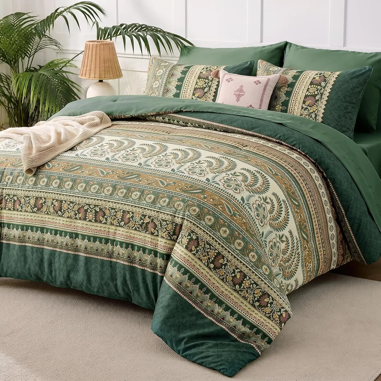JOLLYVOGUE Queen Comforter Set 7-Piece, Unique Bohemian Bed in a Bag, Dark Green Printed Bedding Set, All-Season, Double Brushed Ultra-Soft Microfiber, Down-Alternative, OEKO Certified, Unique Bedding Sets