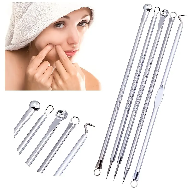 4pcs/Box Blackhead Removal Acne Tool Kit, Dual Head Pimple Extractor Stainless Steel, Whitehead Remover Nose Facial Tools with Plastic