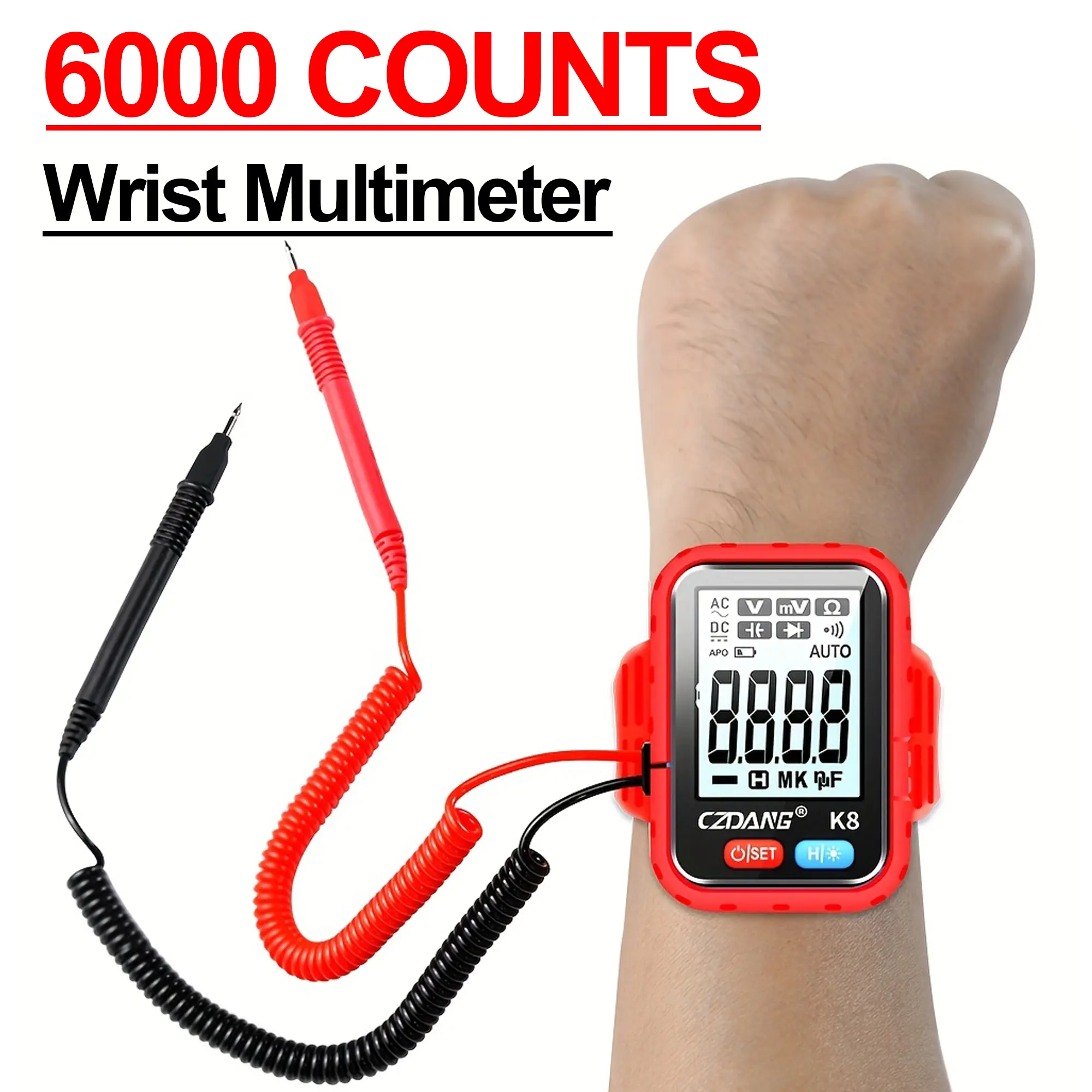 TKDMR Wrist Worn Digital Multimeter, 6000 Counts Auto-Ranging Volt Meter, Portable Wrist Multimeter Tester Measures AC DC Voltage, Current, Resistance, Capacitance, Continuity for Electrician