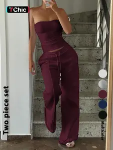 Women's High-End Plain Slim Fit Tank Top & Drawstring Adjustable Wide Leg Pants Set, Comfortable Casual Elastic, Perfect for Daily Wear