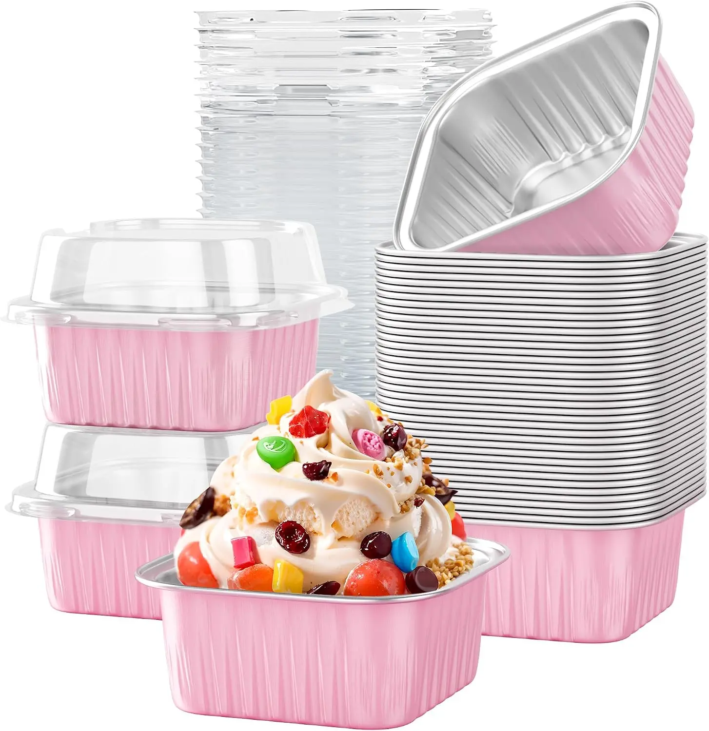 Pink 5 oz 30-Pack Disposable Aluminum Foil Mini Cake Pans with Lids, Square Baking Tins, Ramekins, Small Dessert Containers for Wedding, Birthday Party (Home, Festive & Party Disposable Tableware Supplies)