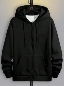 Men's Fleece Fabric Casual Fitted Hoodie with Full Zipper, High-Performance Long Sleeve Hooded Sweatshirt with Kangaroo Pocket, Fall & Winter Outdoor Wear Tops