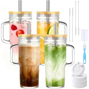 4 Piece Glass Cup Set with Wooden Lids Plastic Lids Straight Straws Brushes Home Kitchen Office Cold Drinks Iced Tea Coffee Essentials