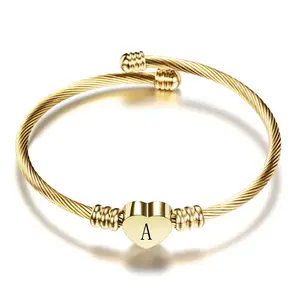 Initial Letter Stainless Steel Cuff Bracelet For Women 26 Alphabet Heart Charm Bangle Female Fashion Birthday Party Jewelry