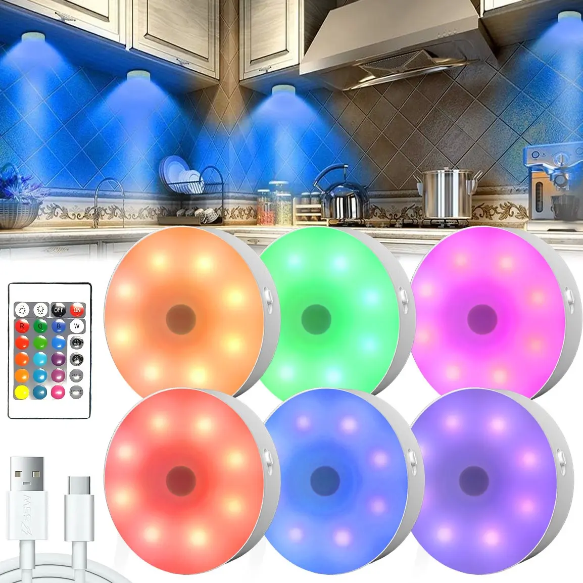 3/6 Pcs Round RGB Motion Sensor Lights, Multiple Color Changes, USB Rechargeable, Magnetic Installation, Bedroom, Stairs, Closet Lighting, Color Changing Nightlight, Adjustable Lights, Indoor Lighting