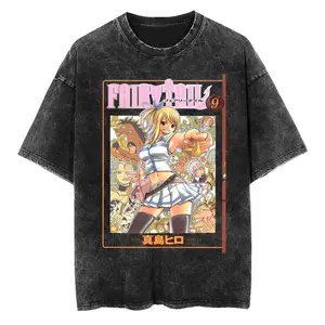 Men's Oversized Short-Sleeve Round Neck Streetwear T-Shirt - Fairy Tail Lucy Heartfilia Manga Cover, Distressed Vintage Acid Wash, Festive Casual Menswear Top