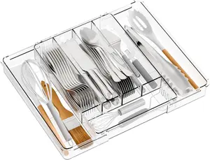 Clear Expandable Silverware Drawer Organizer,9.4-15.6In Adjustable Silverware Tray for Drawer,Acrylic Kitchen Utensil Drawer Organizer for Cutlery,Flatware Organizers and Fork and Spoon Holder