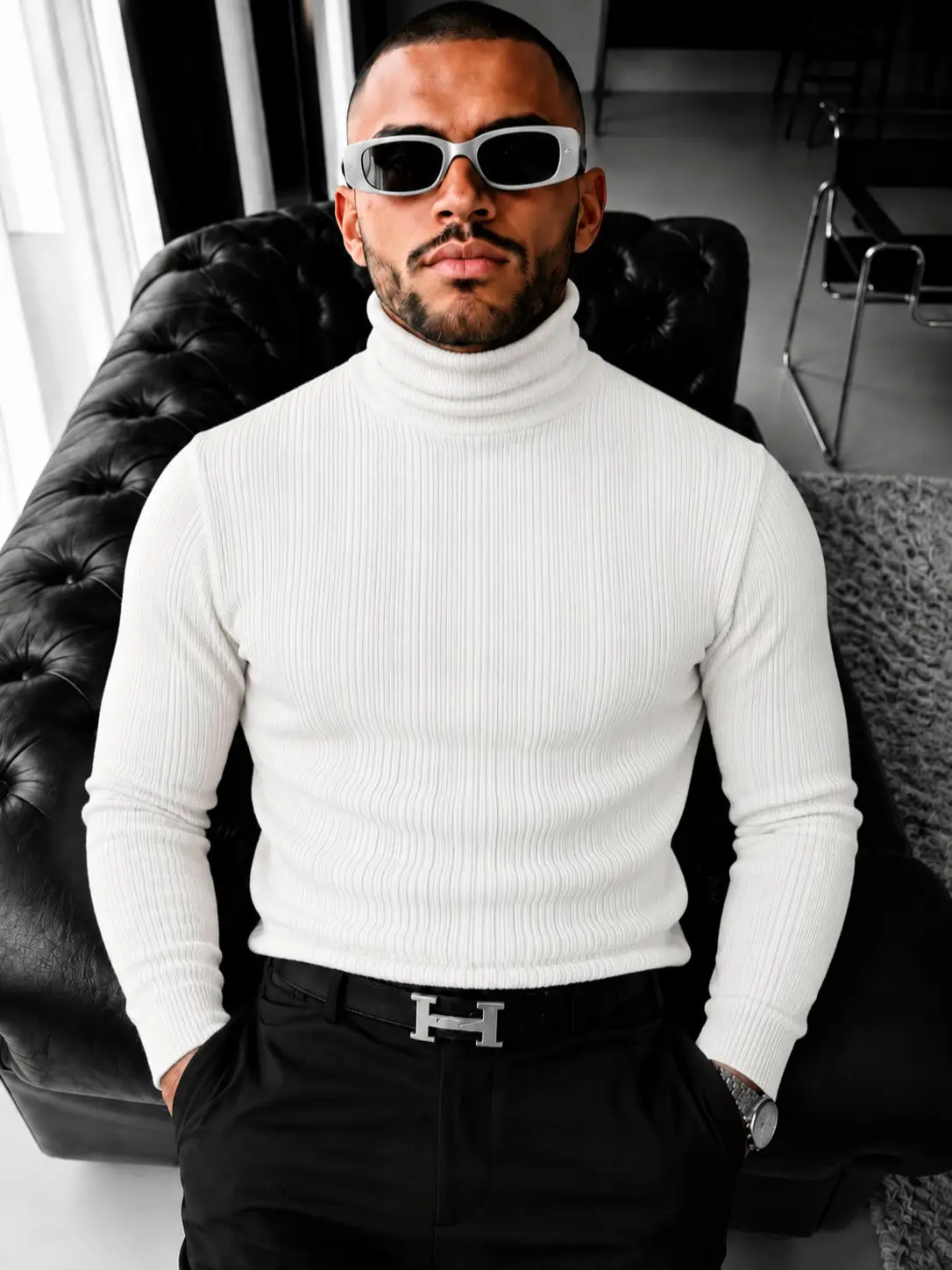 Men’s Ribbed Turtleneck Long Sleeve Shirt, Slim Fit Base Layer Pullover, Fall Winter Casual Top for Layering, Office, Travel, Weekend & Daily Wear