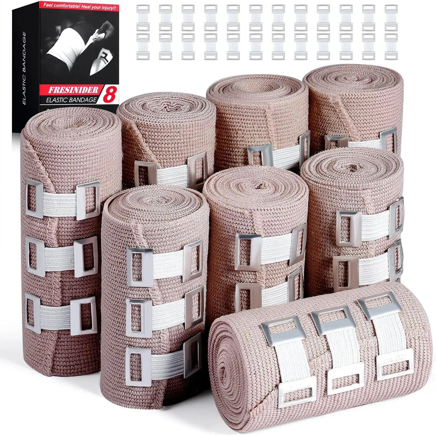 Elastic Bandage Wrap 8 Pack(4 X 3 + 4 X 4 Wide Rolls) + 48 Clips | Stretch Compression Bandage Stretches up to 15ft | Ideal for Medical, Sports, Sprains, Calf, Ankle & Foot