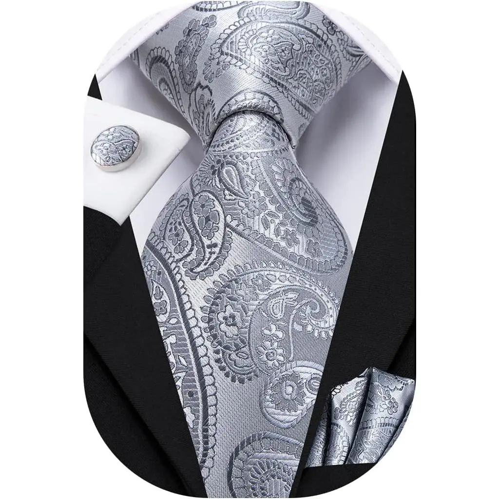 63" Extra Long Casual Elegant Paisley Tie Set for Big and Tall Dads, Father's Day Gift for Men, Includes Necktie, Pocket Square, Cufflinks, Casual Elegant Tie