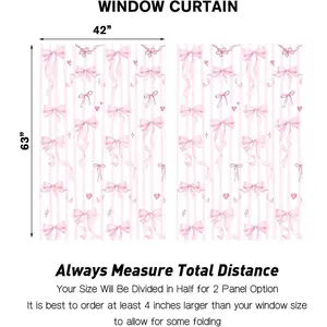 2 Pcs Pink Bow Curtains for Girls Room, 42 x 63 Inch Rod Pocket White Drapes, Coquette Aesthetic Kawaii Decor for Kids Bedroom, Nursery Window Treatment, Preppy Princess Party Backdrop