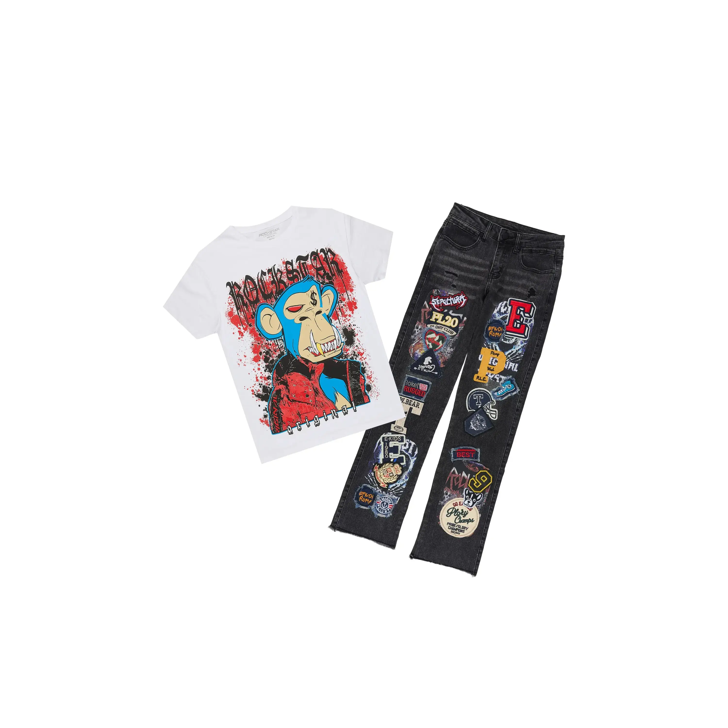 Boys Delzzon White/Black T-Shirt Stacked Jean Set