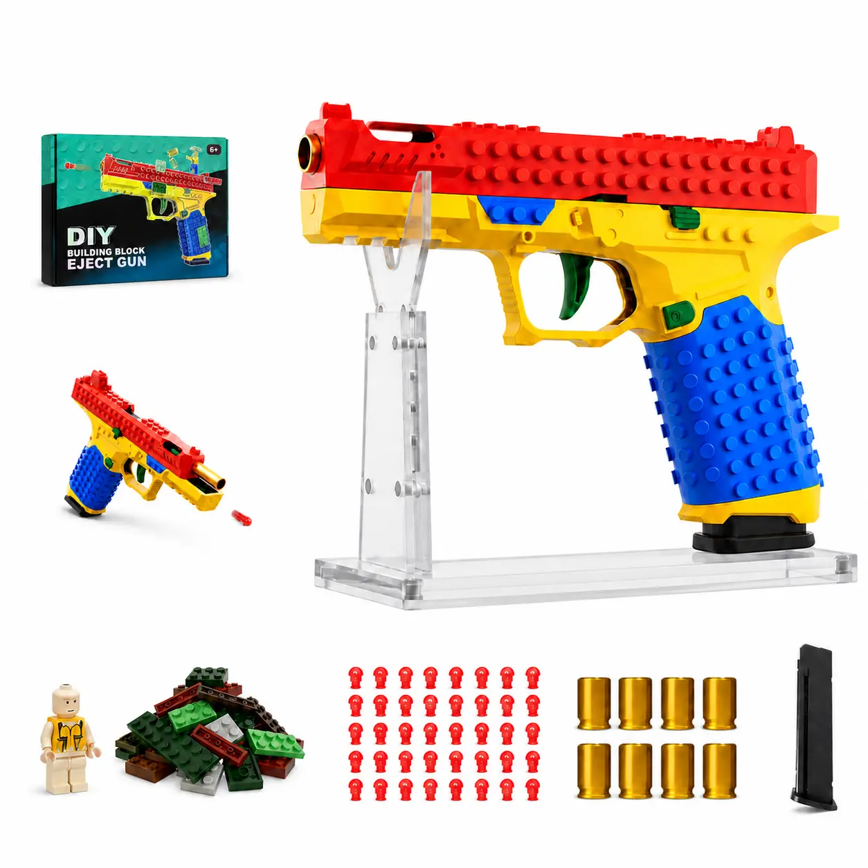 Sooshoom Multifunction ABS Plastic Portable Tactical DIY Building Block Toy Launcher Set (20cm L, 3cm W) - Unisex Rapid-Fire Blaster, Bullets, Shells, Display Stand, Teenage Boy Gifts, 13+ Outdoor Team Games Toy (Teamwork Focused), Construction