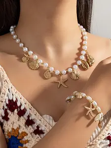 Women's Ocean Wind Pearl Shell Starfish Necklace Bracelet Set, Elegant Jewelry for Perfect Gift Idea, Stylish Accessory for Everyday Wear