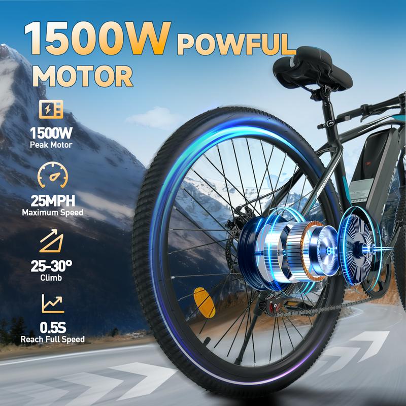 26 Inch Electric Bike, Peak 1500W Motor E-Bike, 28MPH Top Speed, 50-mile range Commuter-style Electric Bicycle, 576Wh battery, 7-speed shifting Front suspension Electric Mountain Bike