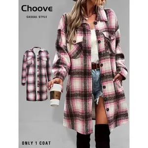 Women's Fashion Plaid Print Shirt Jacket, Loose Long Style, Casual Outerwear, Ladies' Stylish Button Front Coat for Daily Wear