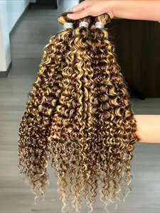 Stunning Highlight P4 27 Jerry Curly Human Hair Weave Bundles, Kinky Curly Honey Blonde, Peruvian Raw Virgin Hair, Double Wefted