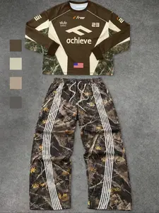 Men's Casual Sportswear Set, Autumn Winter Knitted Fabric, 100% Polyester Fiber, Round Neck Pattern Design, Elastic Waist, Two-Piece Athletic Tracksuit Set