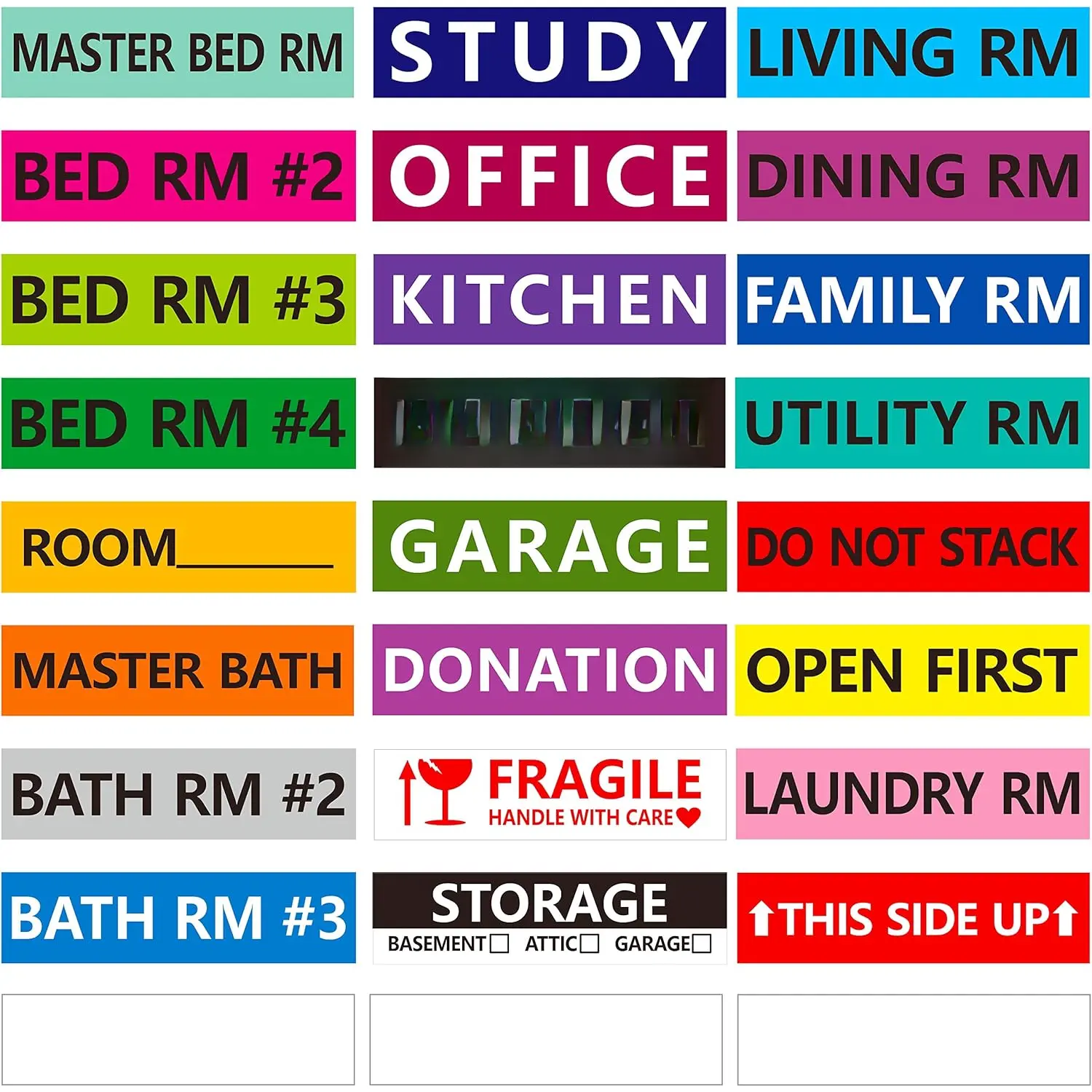 1200 count 25 Designs Pre-Printed Color-Coded  Moving Box Labels with Customizable Blank Sticker (Each Measures 3.9" x 0.9")