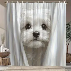 Cute White Dog Shower Curtain with Expressive Eyes, Washable Polyester Fabric, Includes Hooks for Bathroom Decor & Dog Lovers, Elegant Shower Curtain, Home Decoration