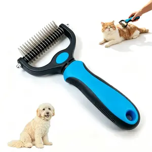 Deshedding dog brush, double-sided undercoat rake, pet detangling comb for dogs and cats—professional grooming tool for tangles, knots, and long fur
