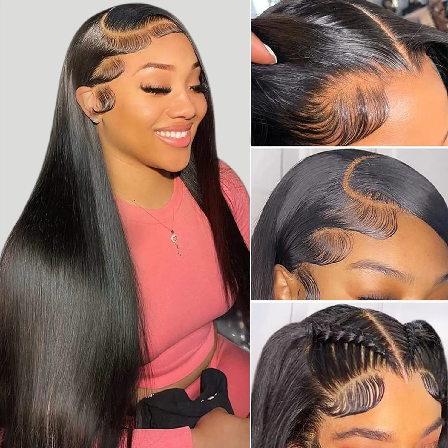 Female Thick 13x4 HD Transparent Lace Front Mixed Hair Wig - 200% Density Bone Straight, Pre Plucked Natural Hairline, Bleached Knots with Baby Hair, Stretch Adjustable Cap, Natural Black Color