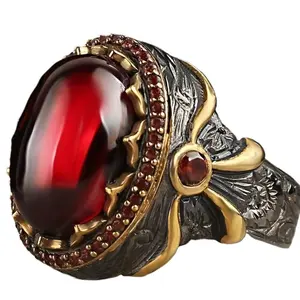 Fashionable Ring for Men, 1 Piece New Style Vintage Two-Tone Totem Design - Adorned with Red Artificial Gemstones & Synthetic Zircons, Unique Stylish Jewelry, Perfect Holiday Gift for Male Friends